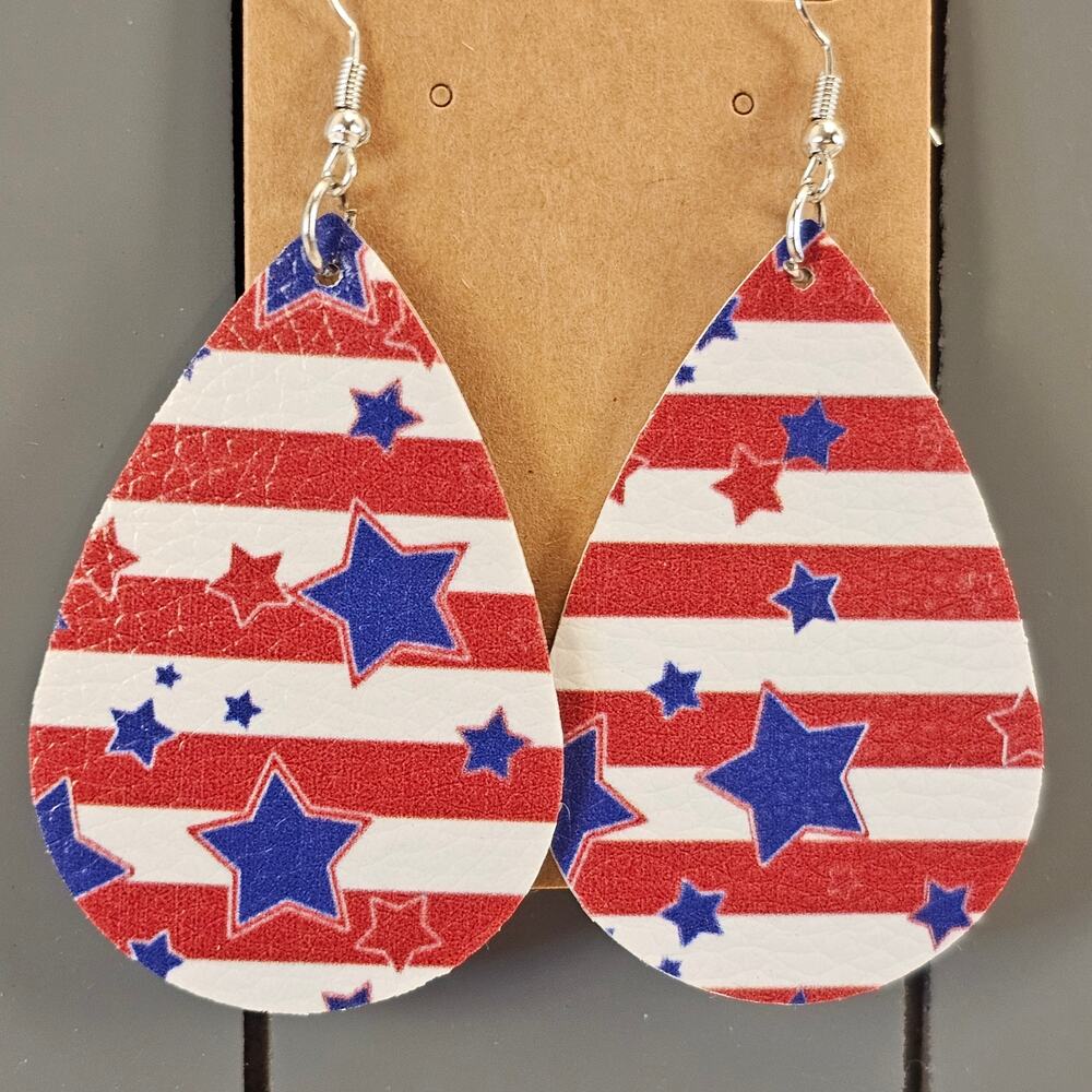 Patriotic Teardrop Earrings Red White Blue Stars Stripes Faux Leather July 4th